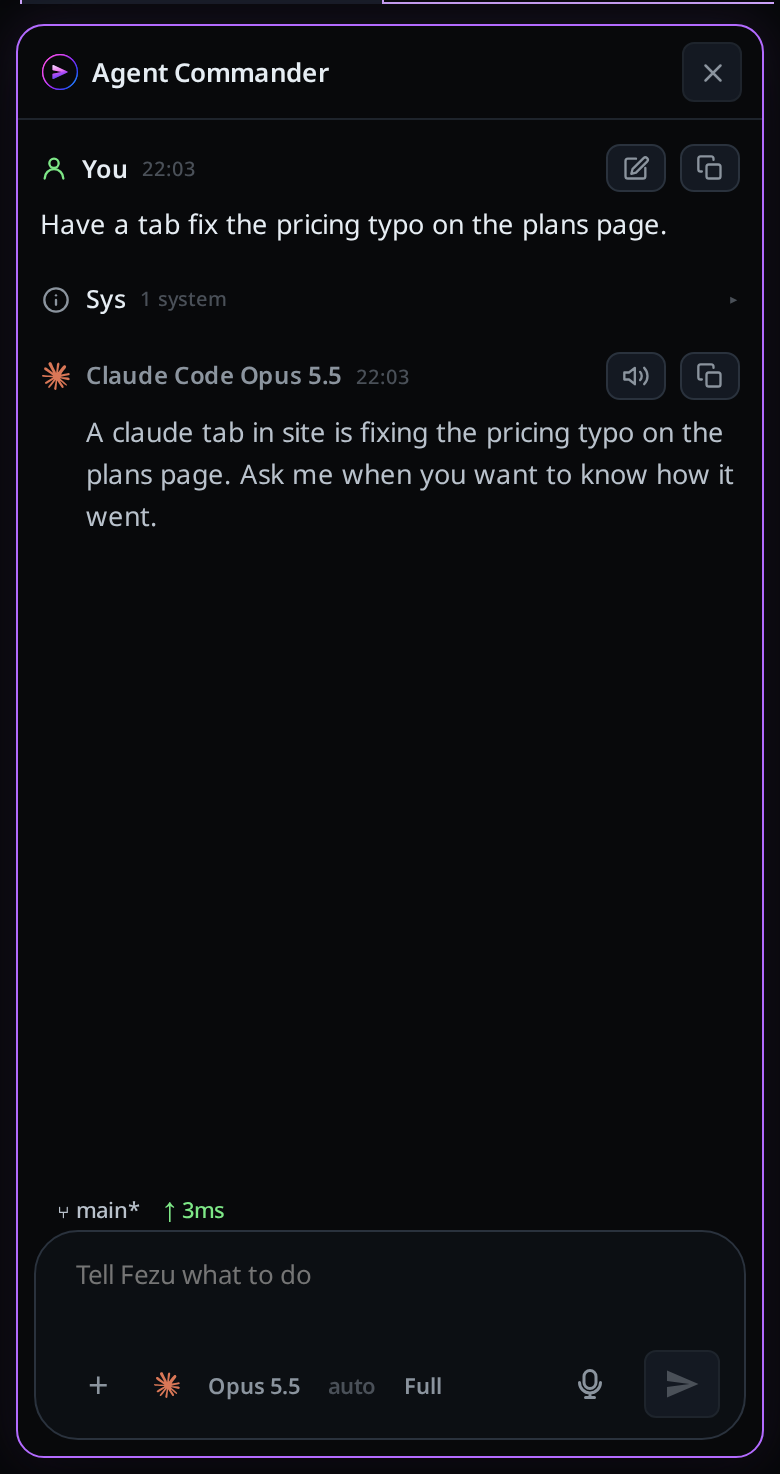The Commander's popup: the request "Have a tab fix the pricing typo on the plans page." with no screen line, the folded "1 system" row holding its tab new command, the reply, and the box reading Tell VCode what to do