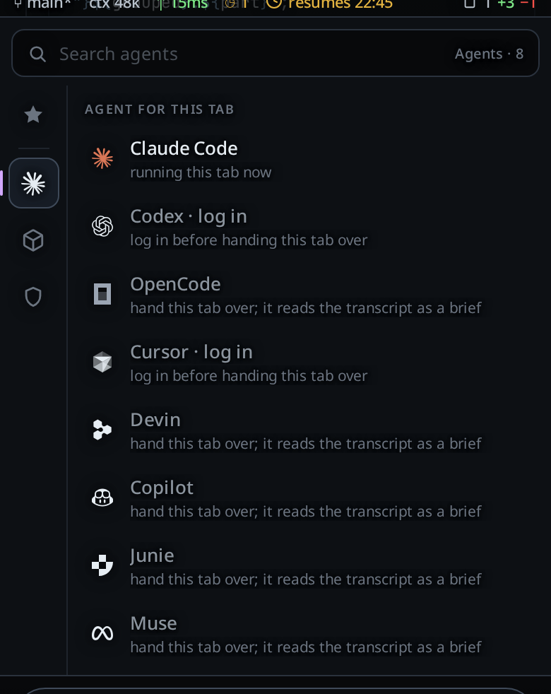 The agent menu with Copilot in its list under Claude Code, Codex, OpenCode, Cursor and Devin, with its mark and the line saying what picking it does.