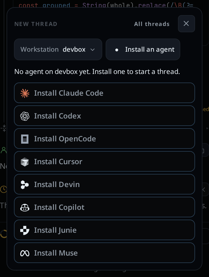 The New thread card on a workstation with no agent: "No agent on devbox yet. Install one to start a thread." and the five Install rows