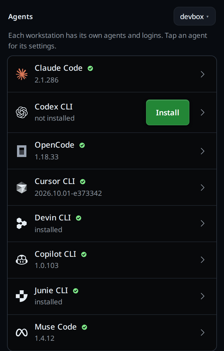 The settings sheet's Agents group: Codex reads "not installed" with a green Install button