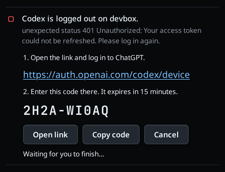 The Codex steps in the fault line: the device link, "2. Enter this code there. It expires in 15 minutes.", the code 2H2A-WI0AQ in large monospace, and Open link, Copy code and Cancel