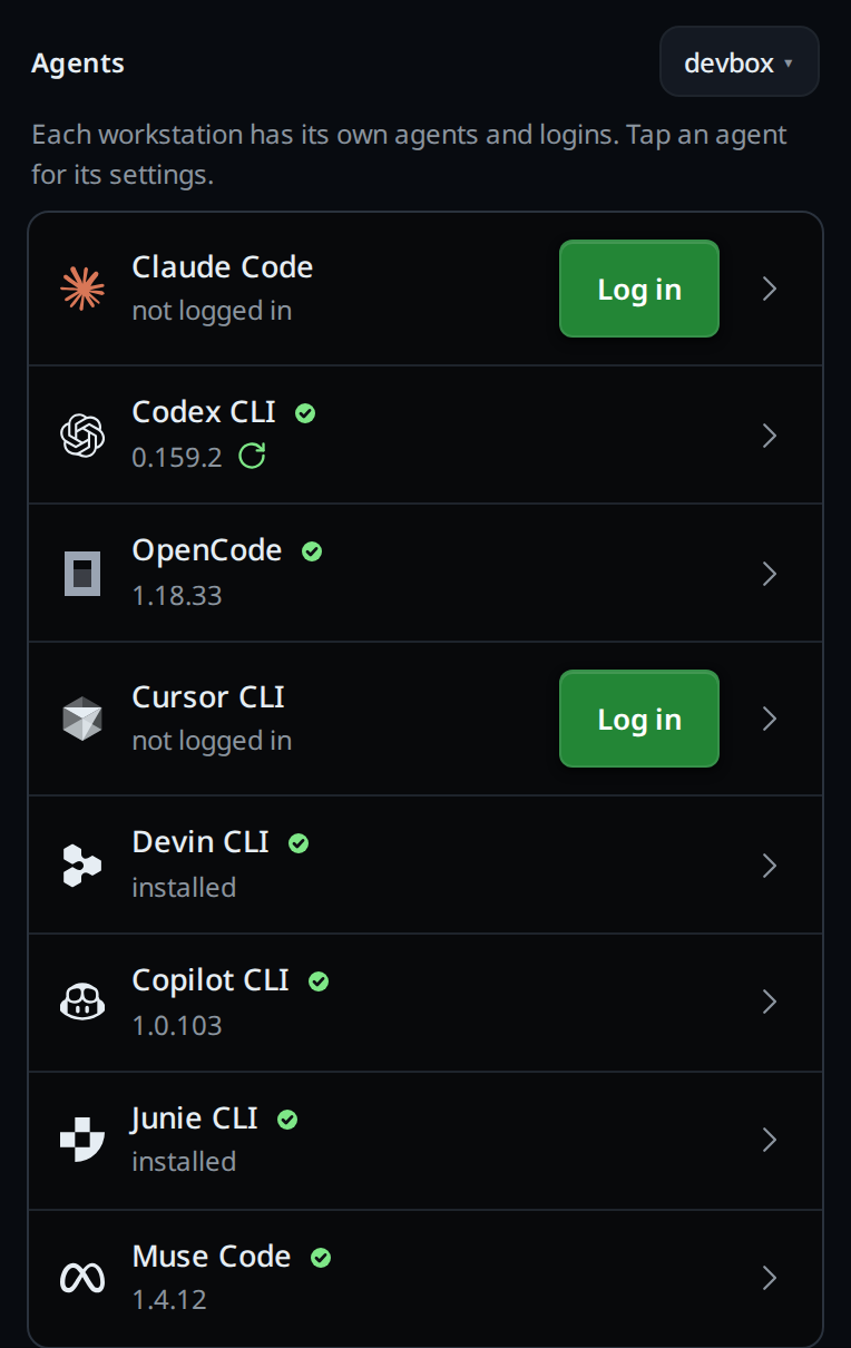 The Agents group with the workstation pick devbox at the right of its title: Claude Code "not logged in" with Log in, Codex CLI with a green tick and its version, OpenCode with its version, Cursor CLI "not logged in" with Log in