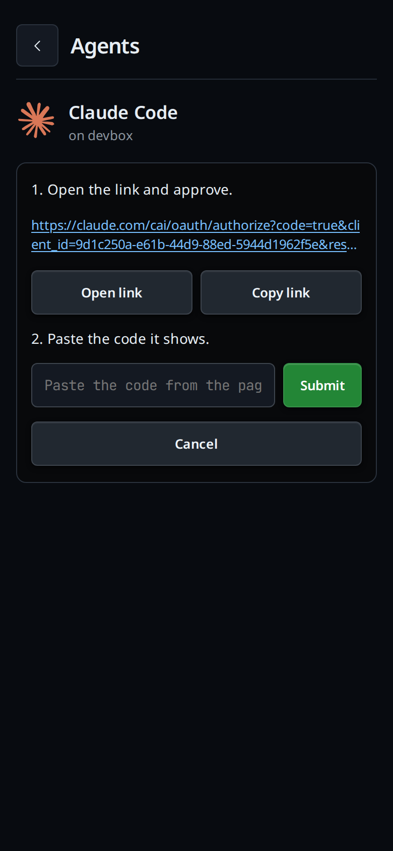The login screen: a back button and Agents at the top, the Claude Code mark with "on devbox", then the Claude steps: the link, Open link and Copy link, the code field with Submit, and Cancel