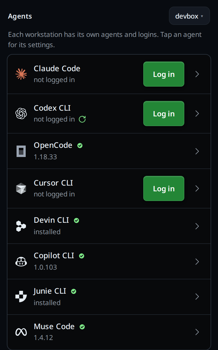 The settings sheet's Agents group, with Log in on the Cursor row
