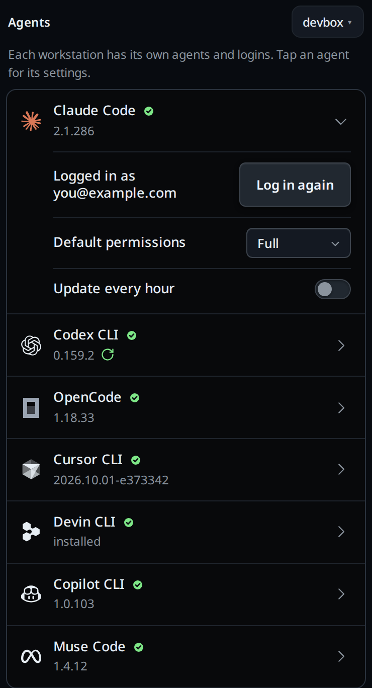 The Agents card with Claude Code open: Logged in, Default permissions set to Full, and Update every hour.
