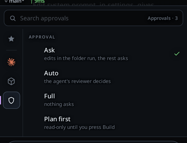 The level menu: Ask ticked and in use, Auto, Full, and the Plan first row reading read-only until you press Build.