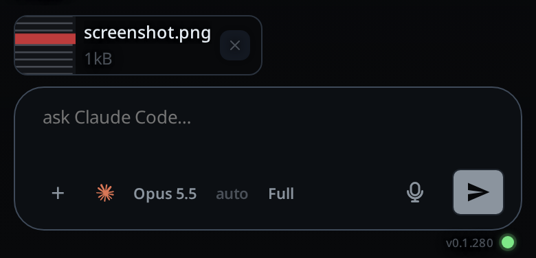 A picked image staged as a chip above the composer, with its thumbnail, name and size.
