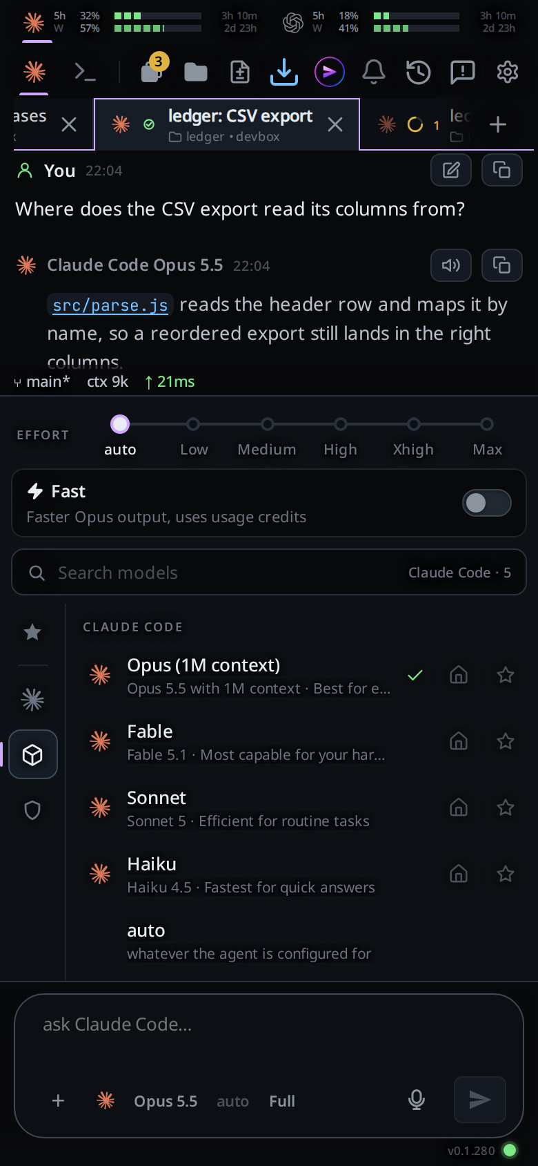 The effort button opens the Models panel with the Effort slider above the search bar.