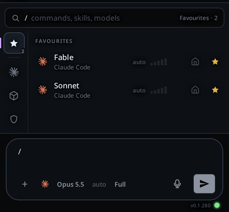 The Favourites slot shows saved models with their harness and effort.