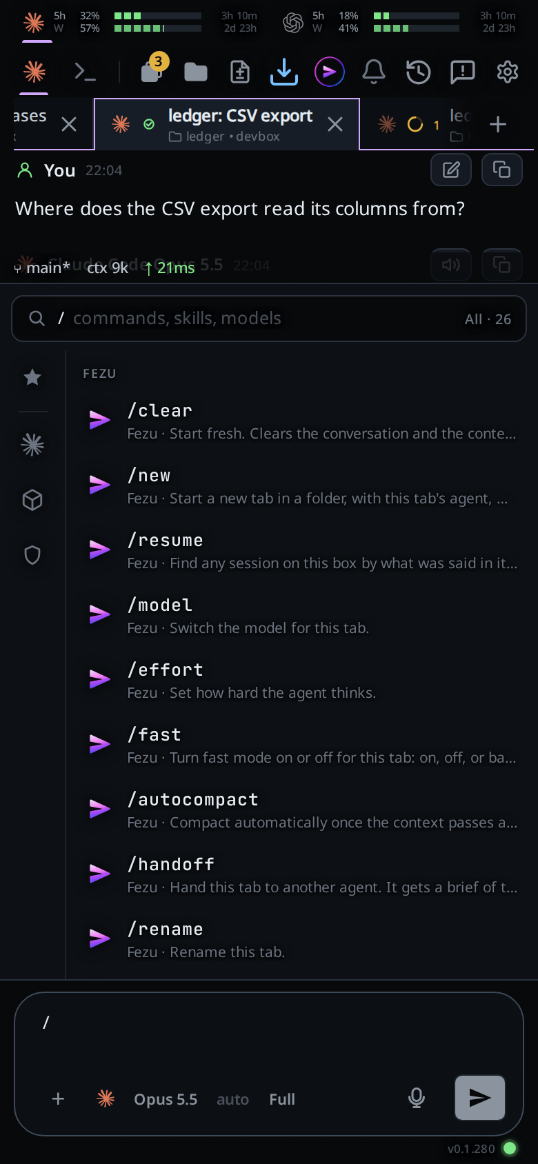 The slash menu open above the composer, listing /clear, /new, /resume, /model, /effort and /autocompact.