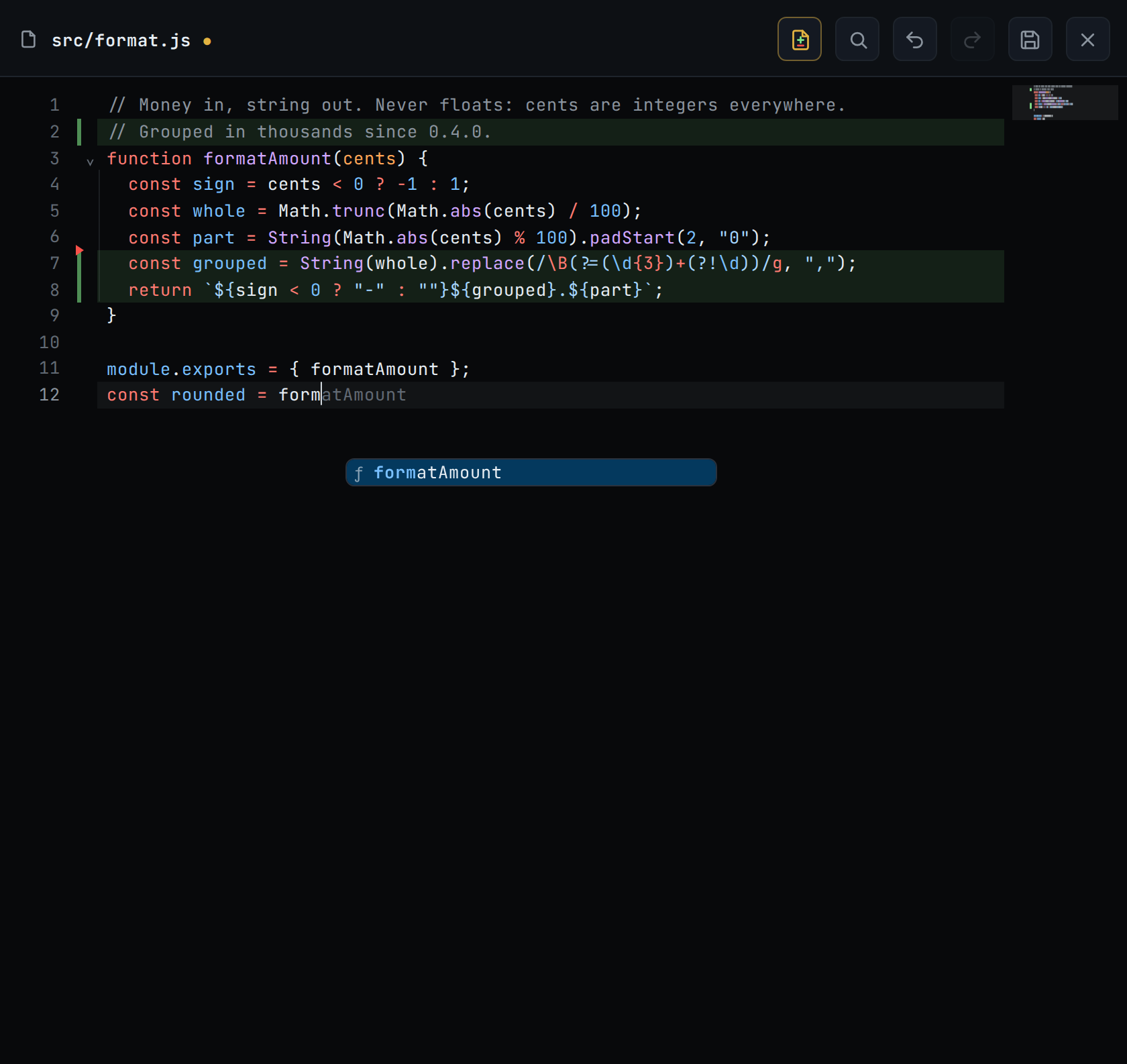 The editor on a desktop: const rounded = form typed on the last line, atAmount in grey after the cursor, and the list under it with formatAmount selected