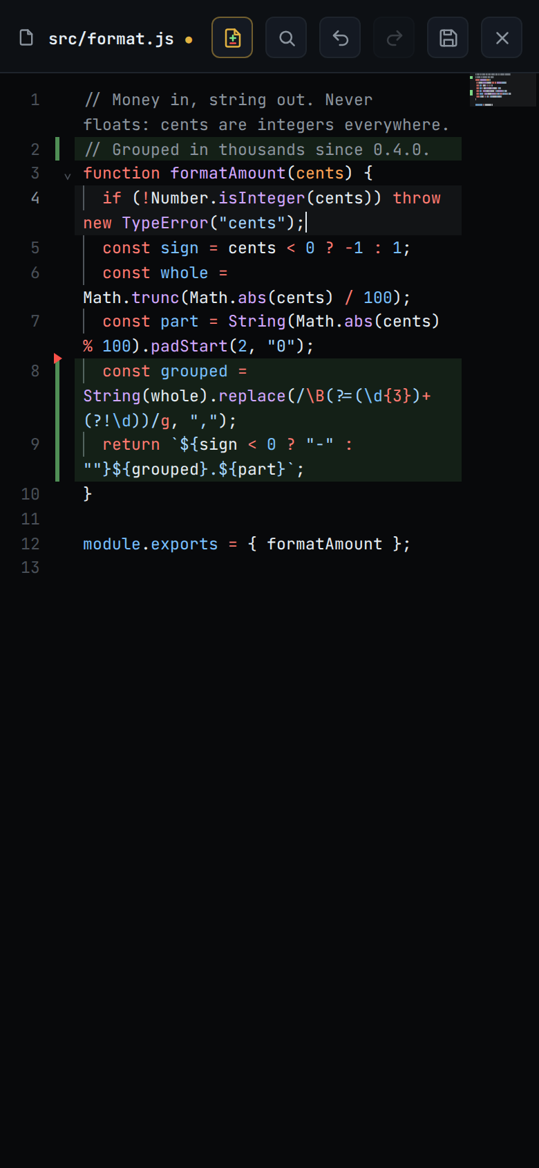 A file open in the editor on a phone, with line numbers, coloured code, and buttons for search, undo, redo, save and close along the top.