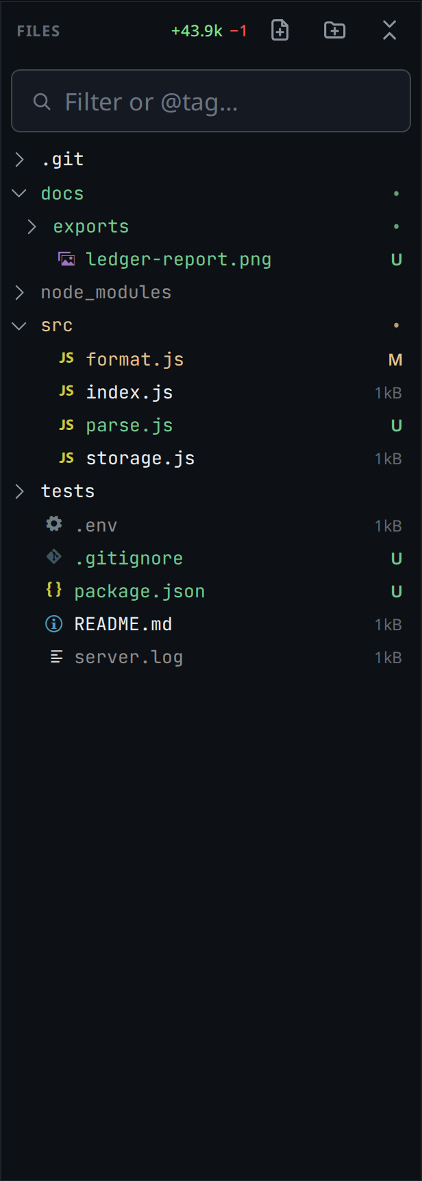 The same tree docked on a desktop at VS Code's row size, src open with format.js marked M and parse.js marked U