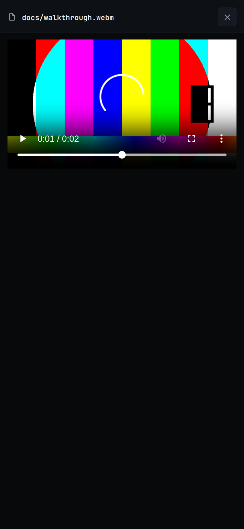 A WebM test pattern paused at one second in the viewer, the player's controls over its lower edge
