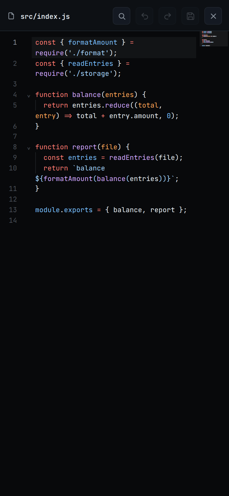 A JavaScript file in the viewer, every line numbered and coloured, with the path in the head