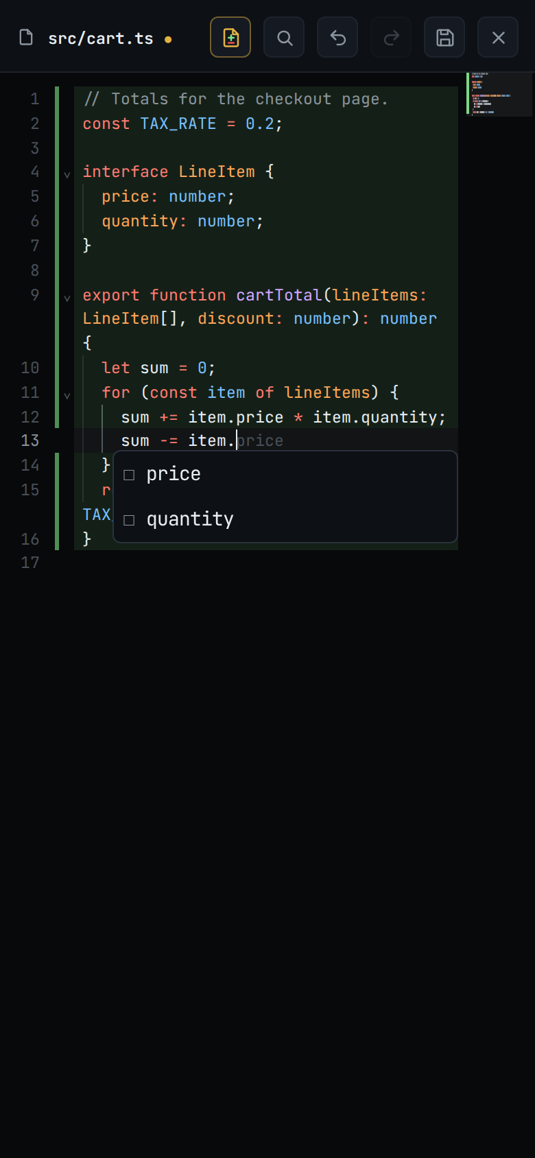 The editor on a phone: sum -= item. typed in a TypeScript file, and under it the server's suggestions, price and quantity