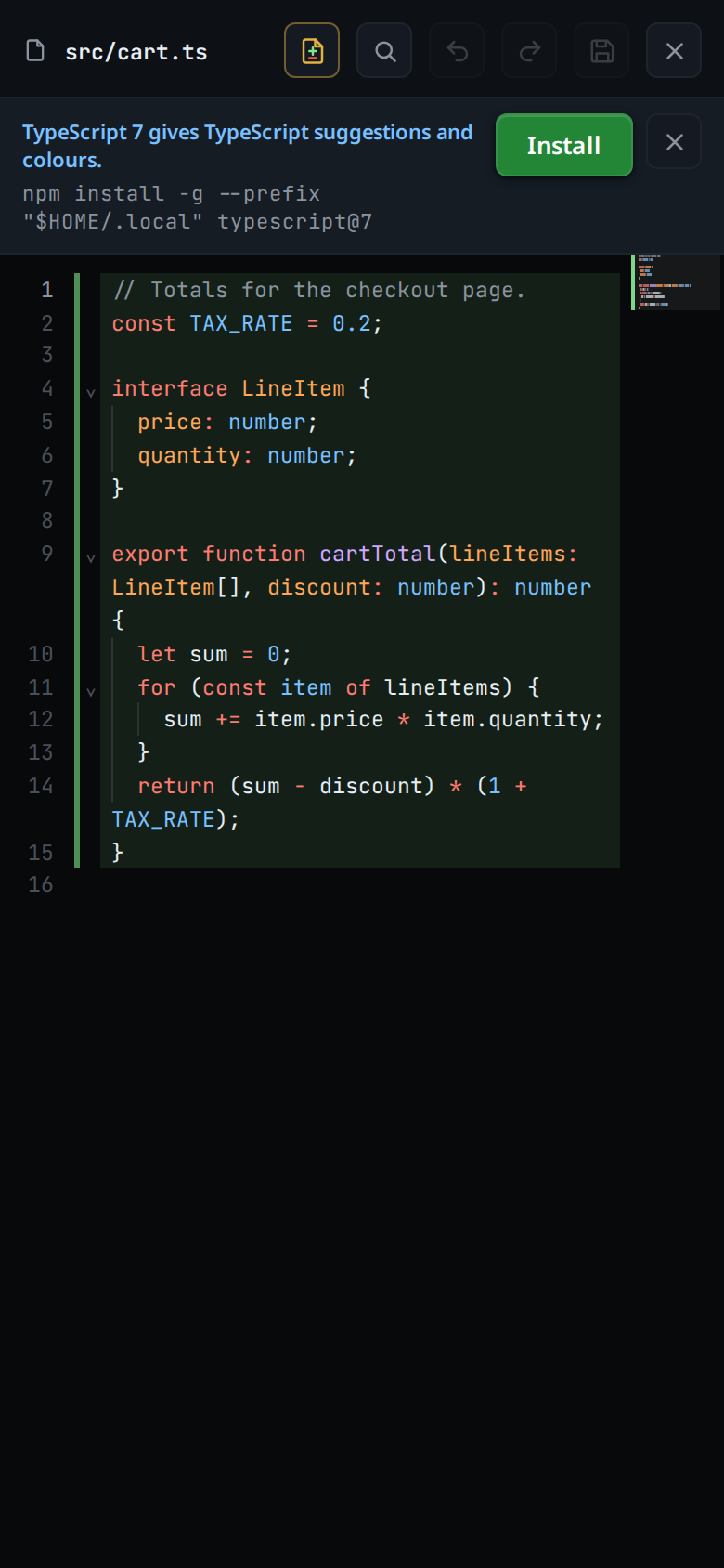 The install strip under the viewer head of src/cart.ts: TypeScript 7 gives TypeScript suggestions and colours, the npm command under it, Install and close