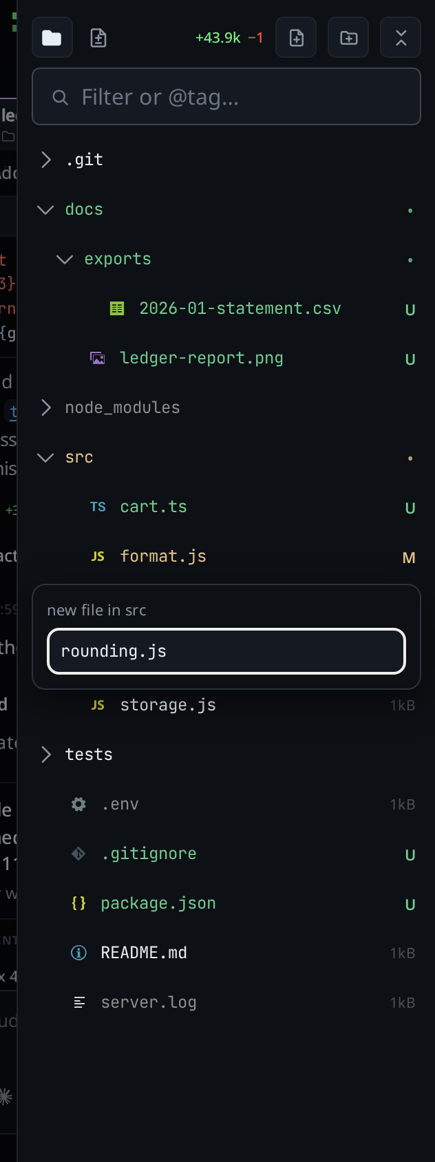 The name box in the menu, headed new file in src, holding a file name