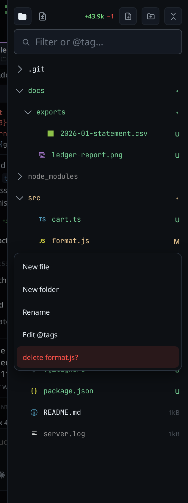 The menu with Delete armed: the item red, reading delete format.js?