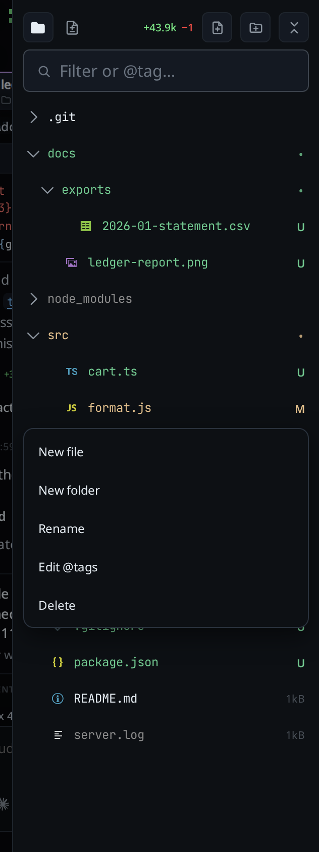 The row menu open under src/format.js: New file, New folder, Rename and Delete