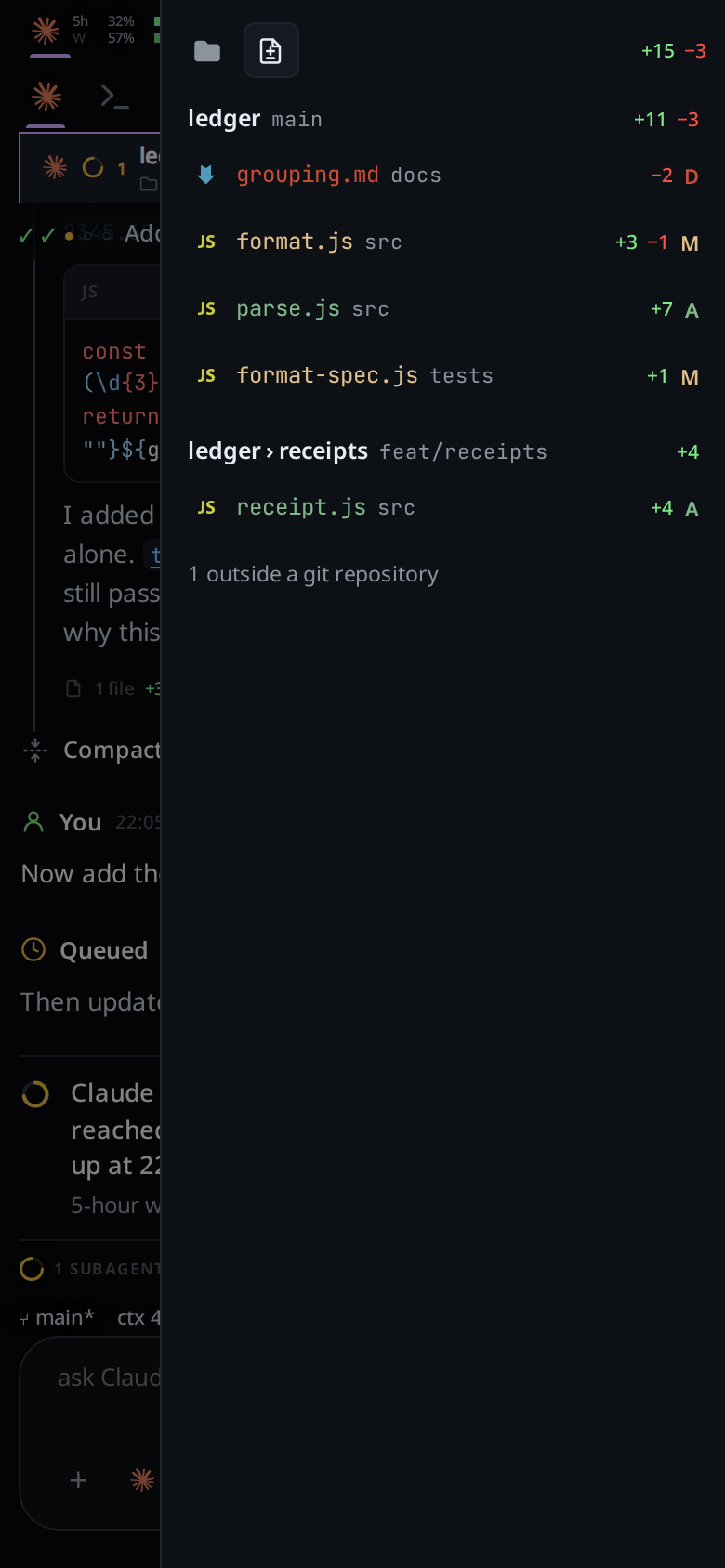 The explorer on its Changes tab: a ledger main section with four files, a ledger › receipts feat/receipts section with one file, and a line saying one path is outside a git repository