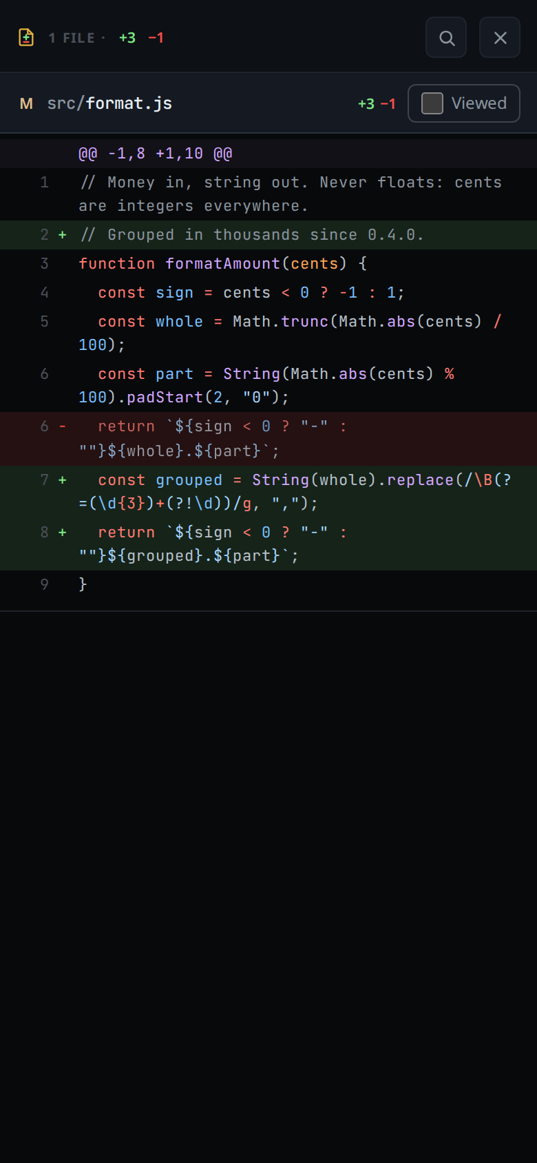 The diff sheet: 1 FILE · +3 −1 in the head, then src/format.js under its own header with its counts and a Viewed box, and its hunk below