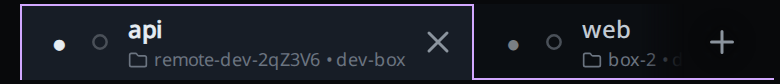 The strip: api on dev-box, active, and web on dev-box-2