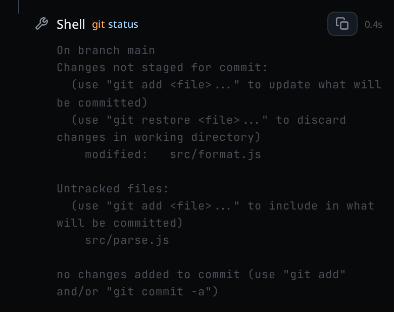 A transcript card tagged SHELL, the command git status beside it in shell colours, 0.2s on the right, and the git output below.