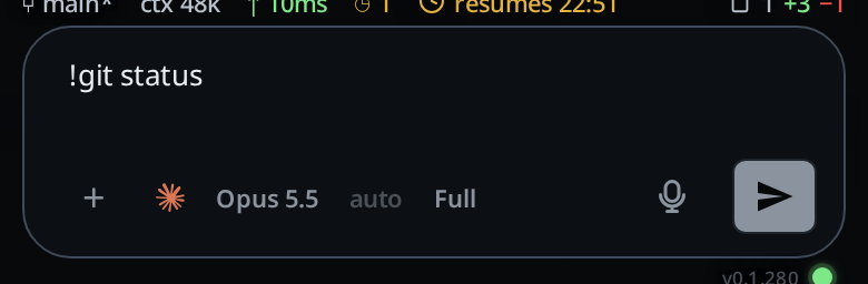The composer with !git status typed in it and the send arrow lit.