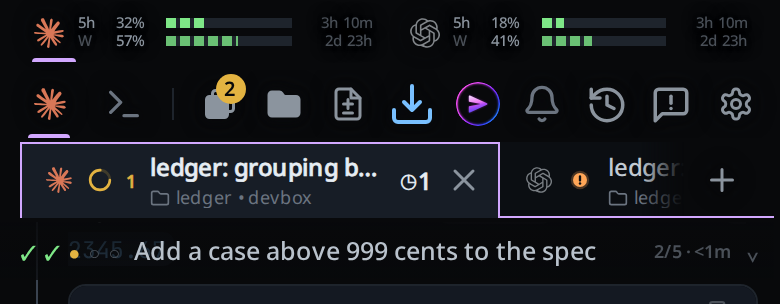 The top band: the usage meters, the mode strip's Agent and Shell controls, the tabs button and the folder, then the install arrow and the bell with the cog at its right end, then the tab strip and its agent marks with the plus after the last tab.
