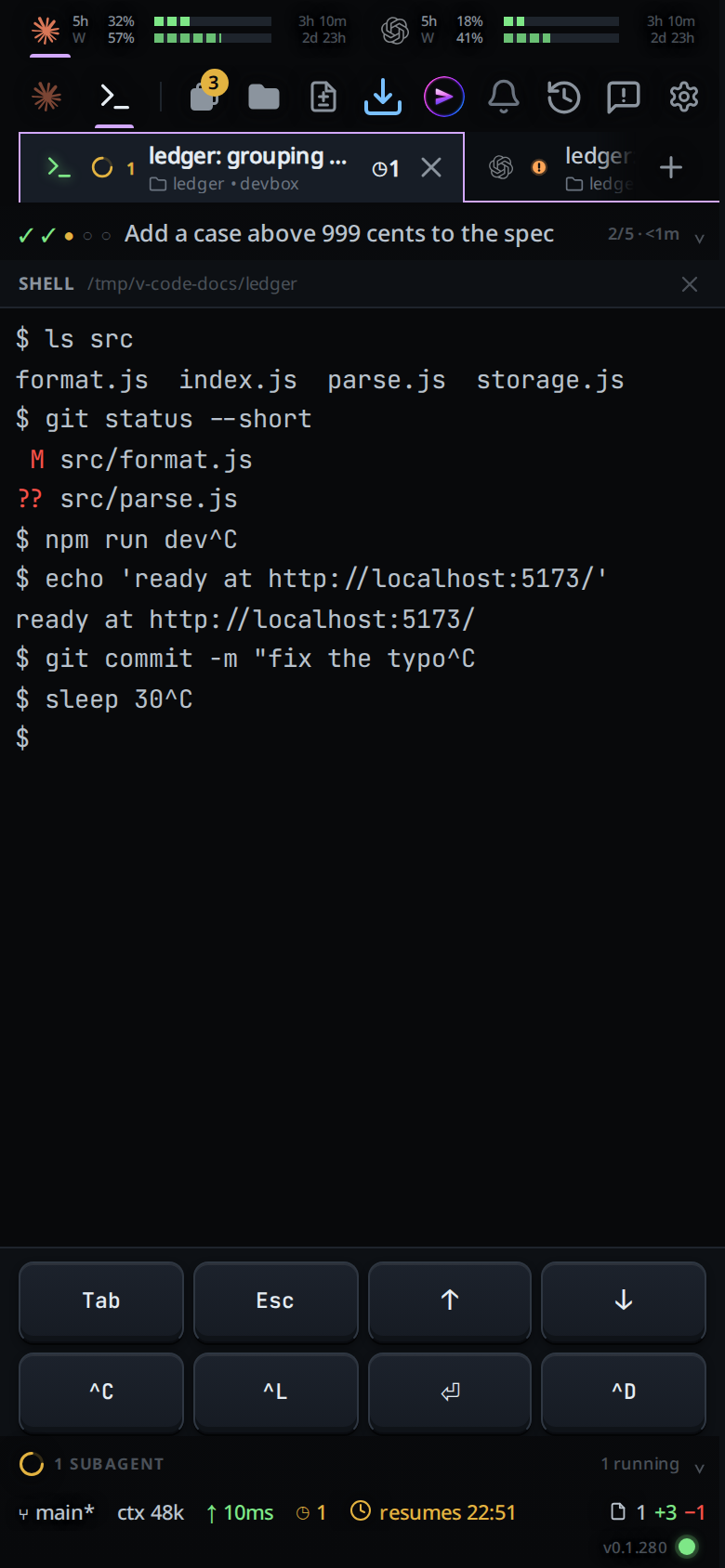 sleep 30 typed, then ^C from the keypad: the line ends in ^C and a fresh prompt follows.