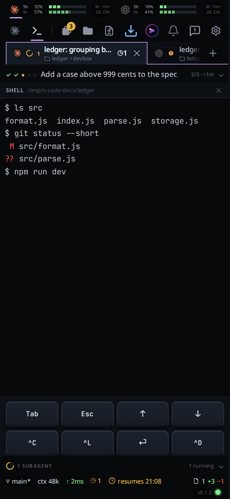The terminal with "npm run dev" typed on the prompt line, before Enter.