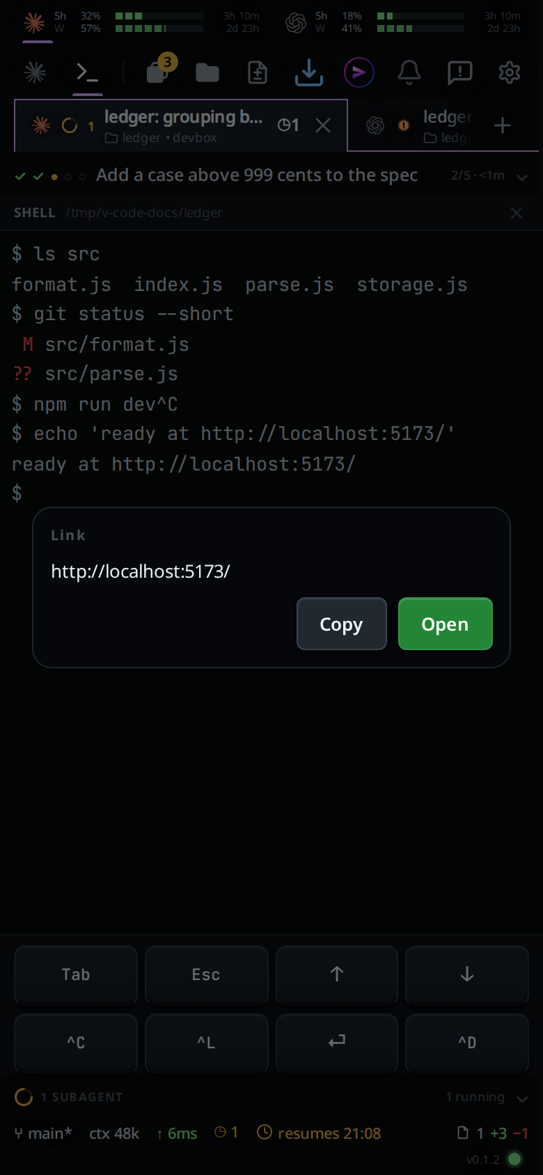 The Link card over the terminal, showing http://localhost:5173/ with Copy and Open.