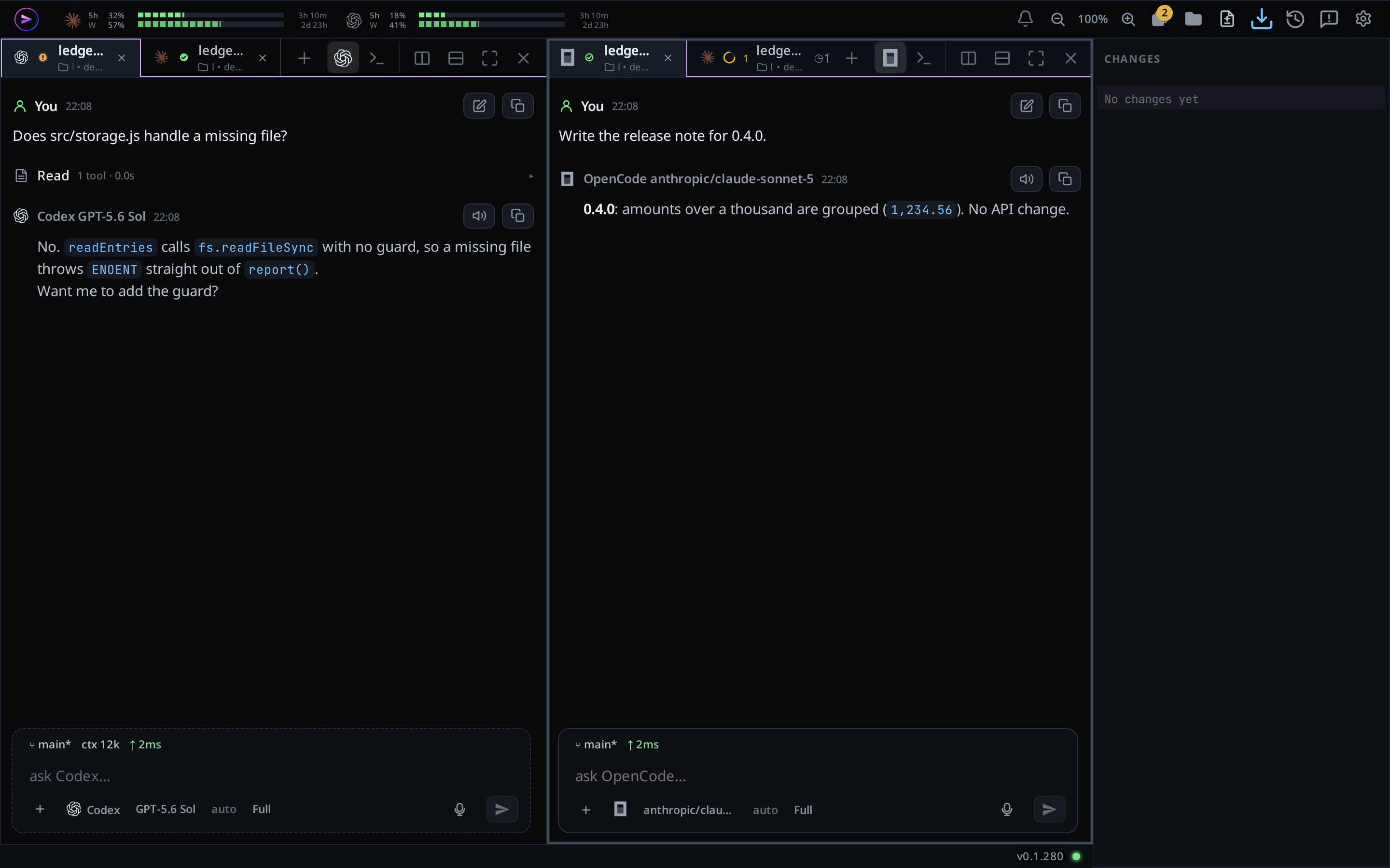 The dragged tab now first in the right pane's strip, the left pane down to two tabs.