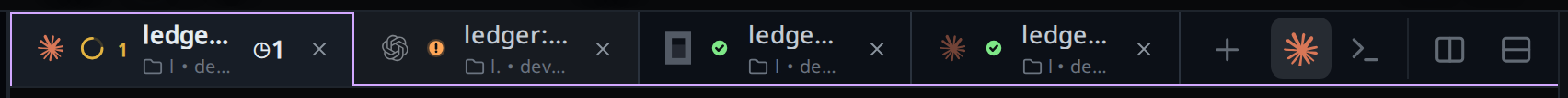 The pane header with close crosses on every tab; the pointer brightens the second tab's cross.