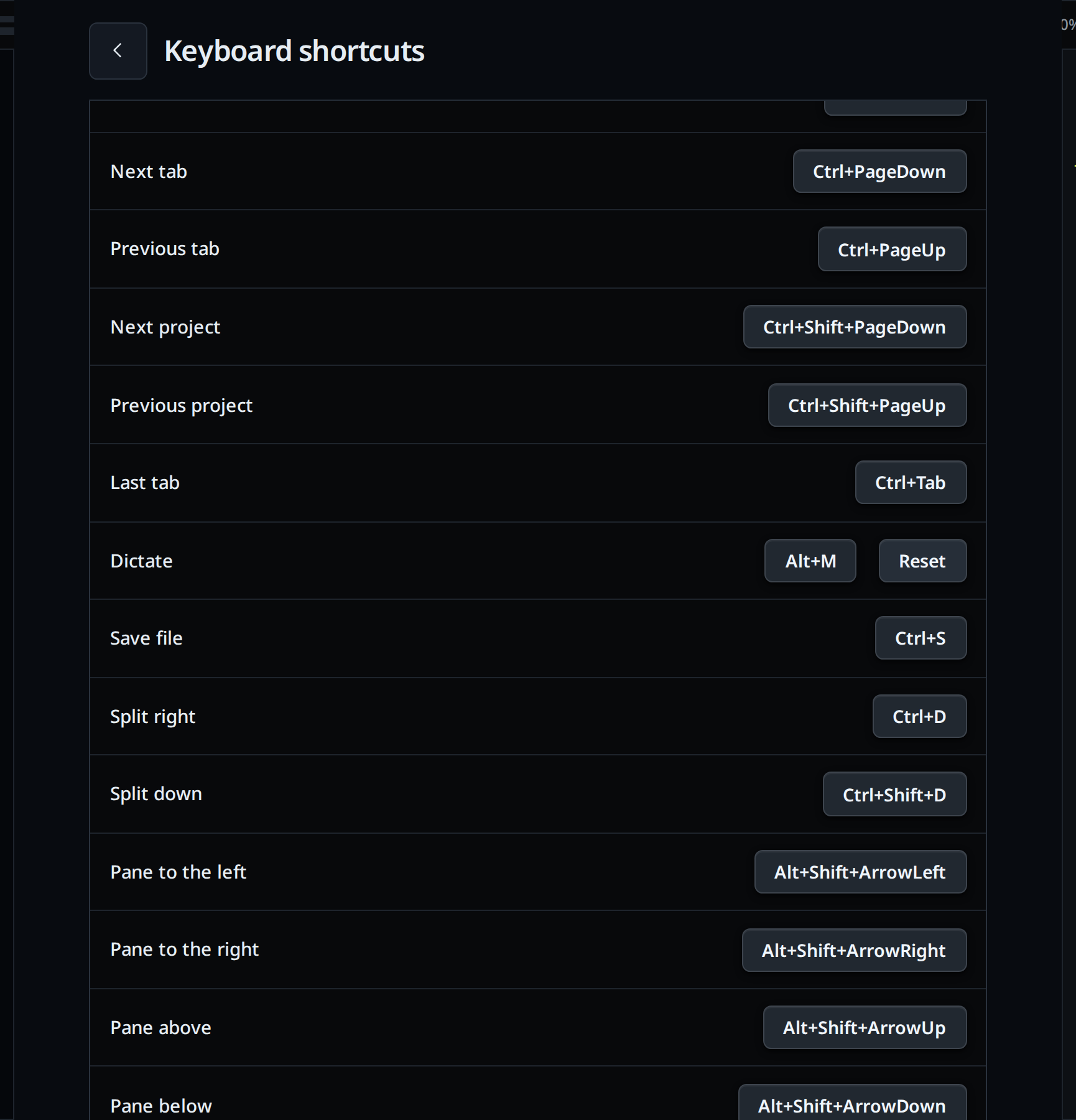 The Keyboard shortcuts screen, a row per command with its key on a button.