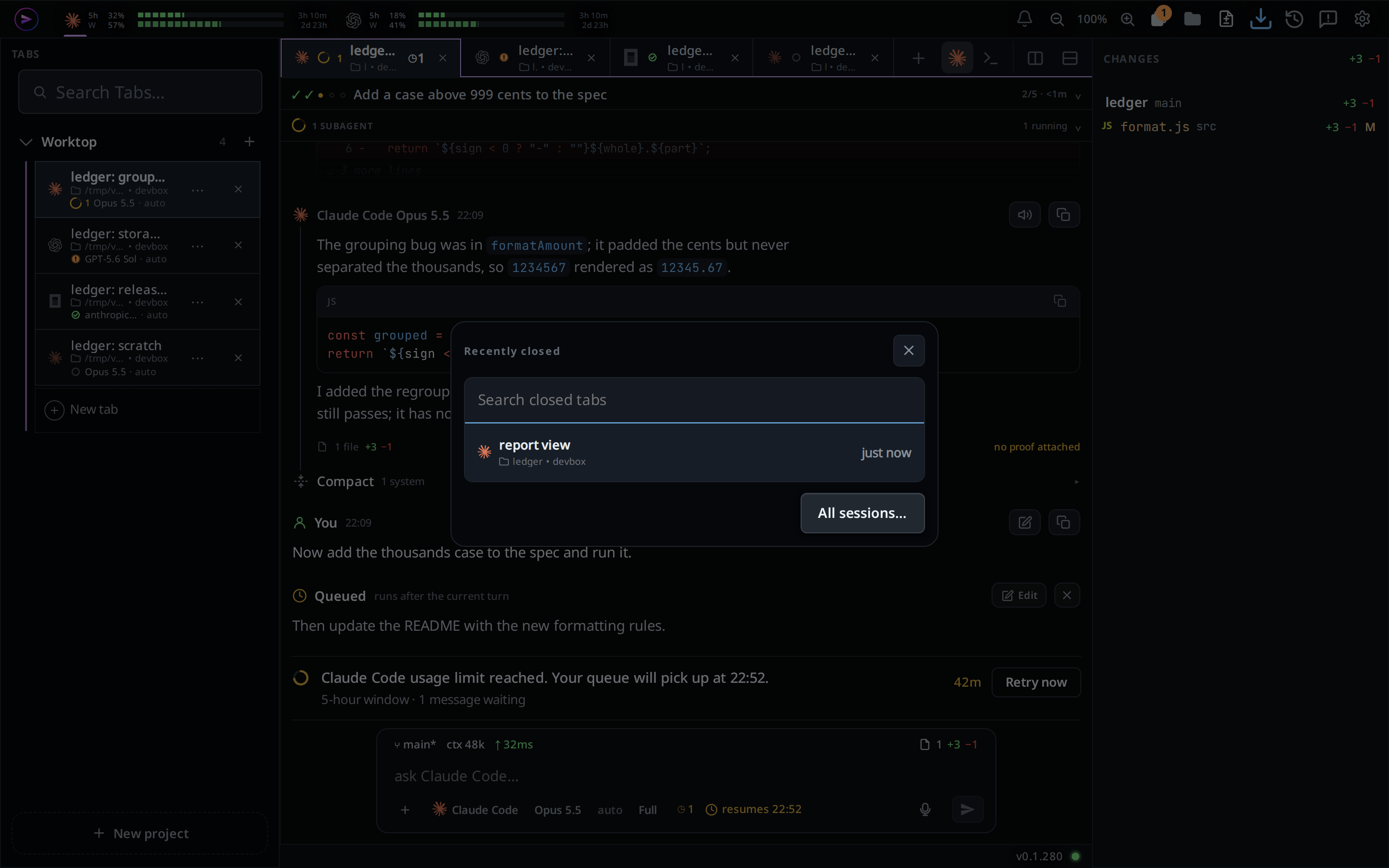 Recently closed on a wide screen, over the tab in front.