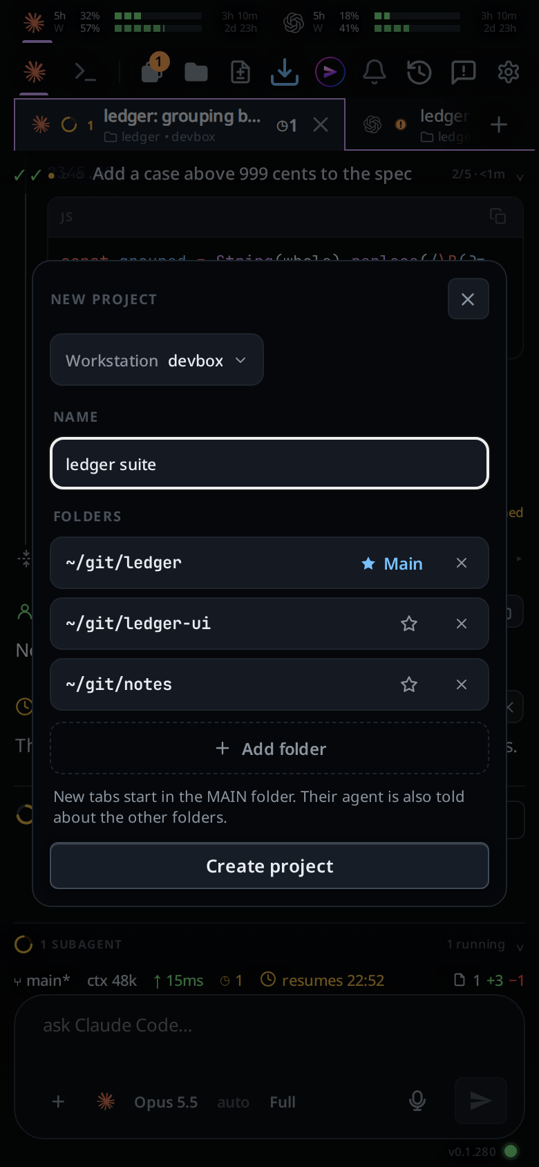 The New project card: the computer, NAME holding ledger suite, three folders with ~/git/ledger marked with the star and Main, and the empty Make main star on the other two, Add folder, the hint line and Create project.