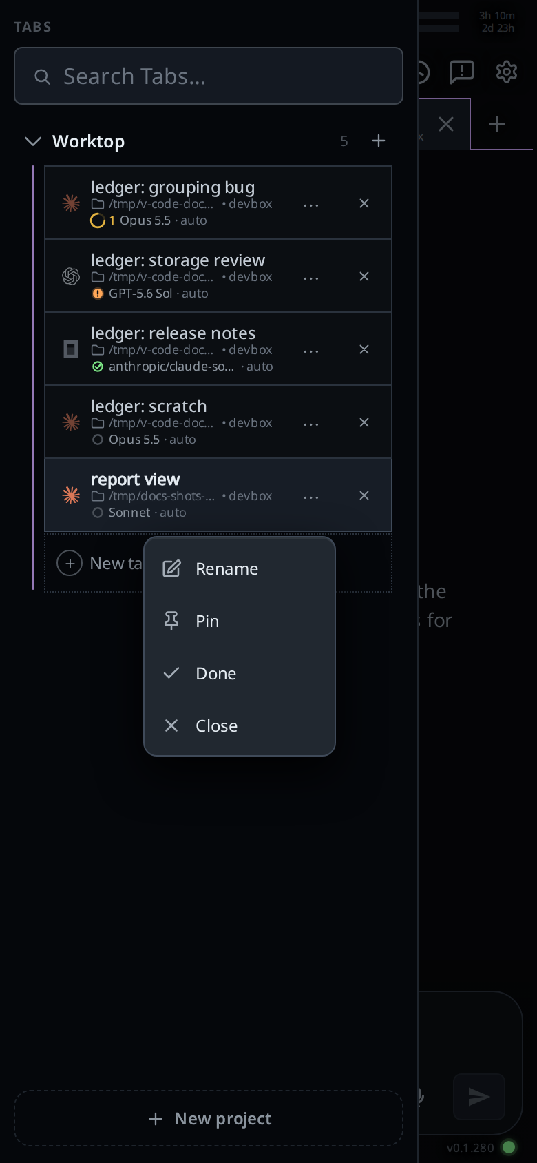The tab bar on a phone with a row's ⋯ menu open: Rename, Pin, Done, Close.