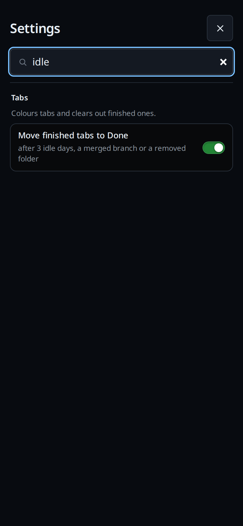 Settings with "idle" typed into the search: only the Tabs group's Move finished tabs to Done row is left.