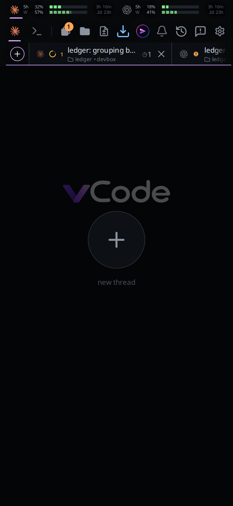 The new-thread page past the start of the strip: the VCode logo, a large plus and the words new thread, with the strip's plus selected in front of the first tab.