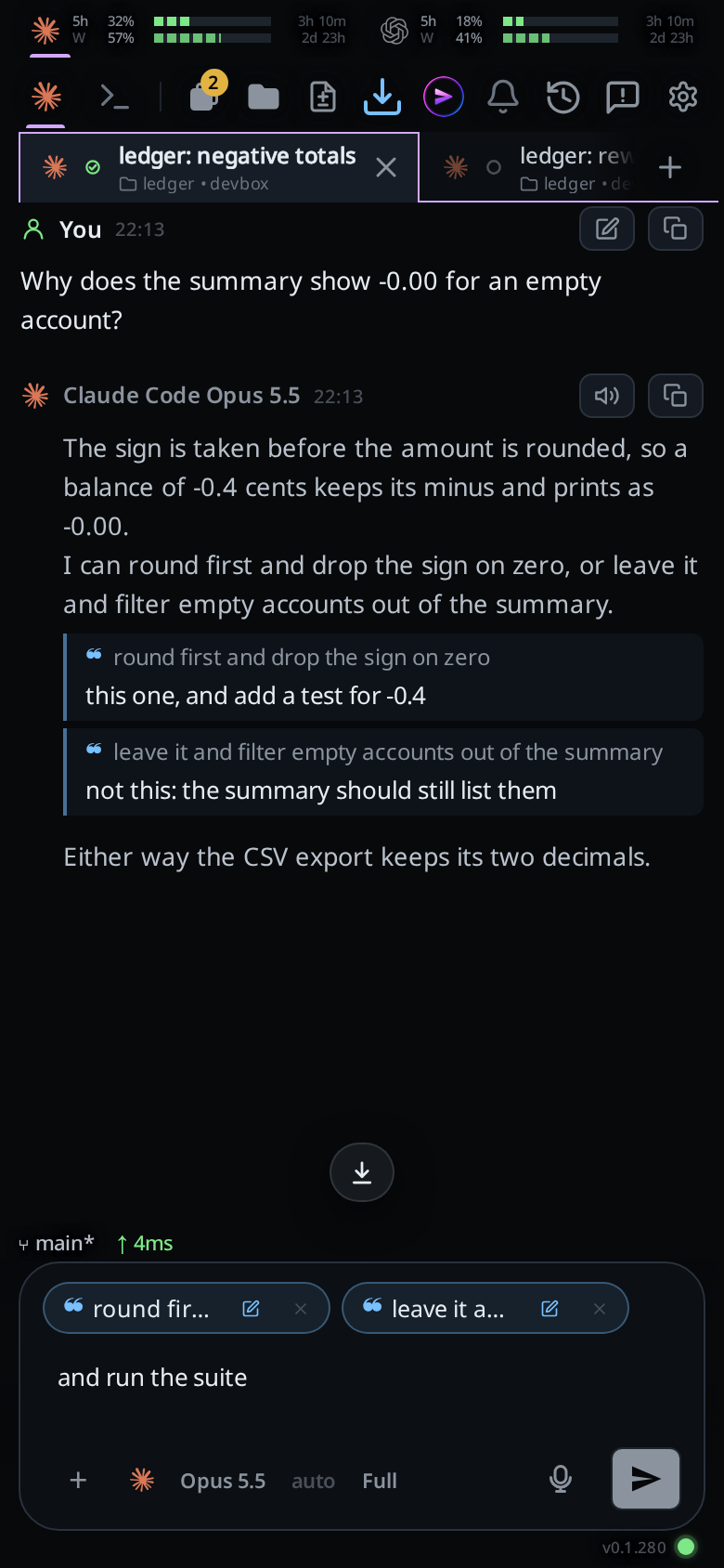 Two comment cards under a reply, their pills in the message box, and a line typed under them