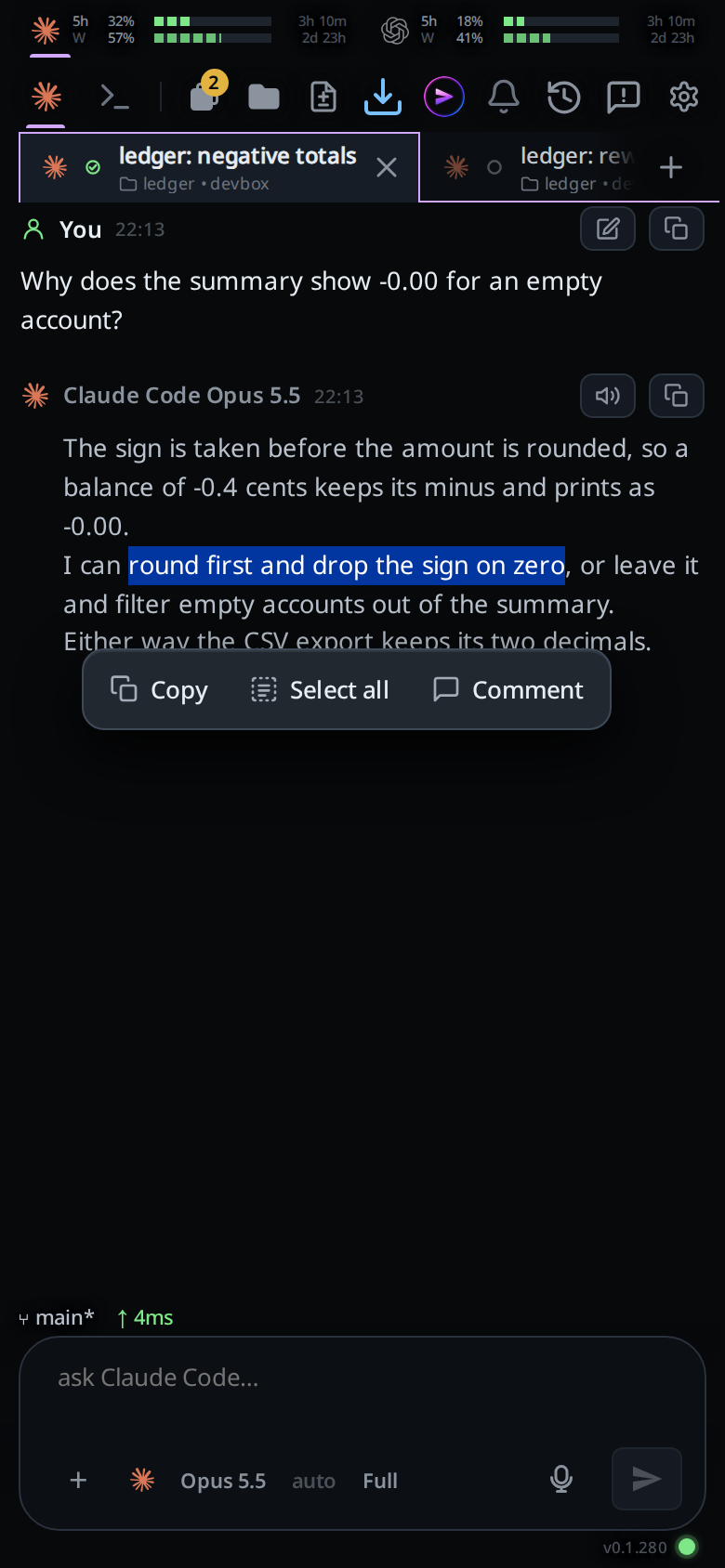 Words selected in a reply, with Copy, Select all and Comment in a bar under them