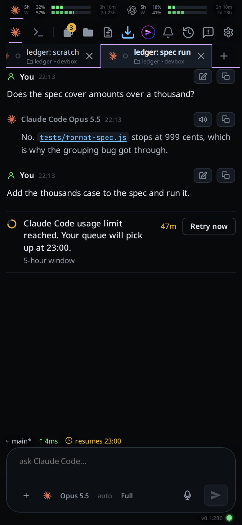 A thread whose last turn hit a usage limit: the fault line at the end of the transcript with an amber ring, and the status bar reading resumes with the time