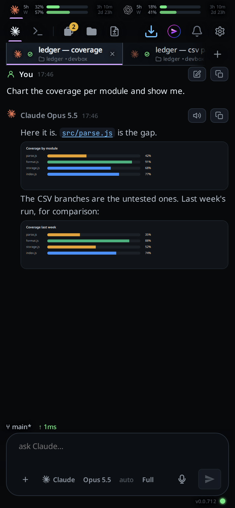 A reply with a chart rendered inline between two paragraphs of text