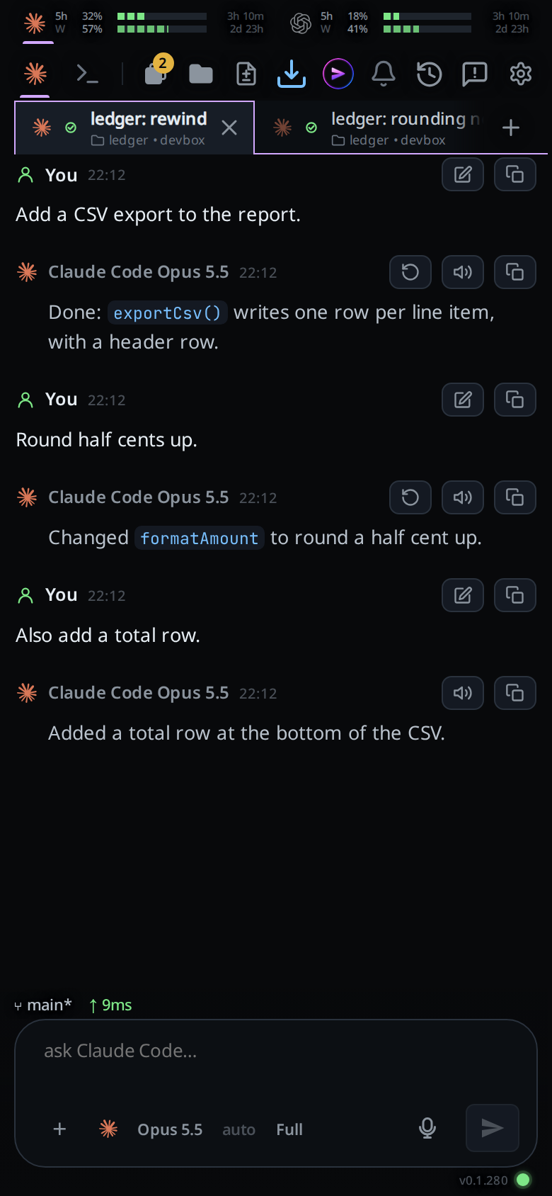 A thread of three turns: the first two replies carry a rewind icon in their header