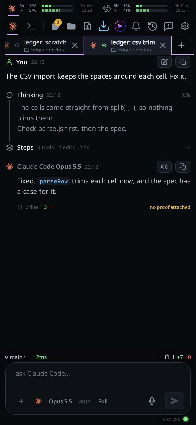 A turn at those levels: Thinking in full, a Steps row reading 3 tools · 2 edits · 2.5s, and the reply in full