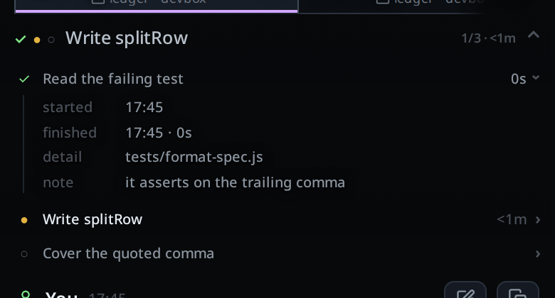 The strip expanded with the finished step open, showing started, finished, the detail tests/format-spec.js and the note it asserts on the trailing comma