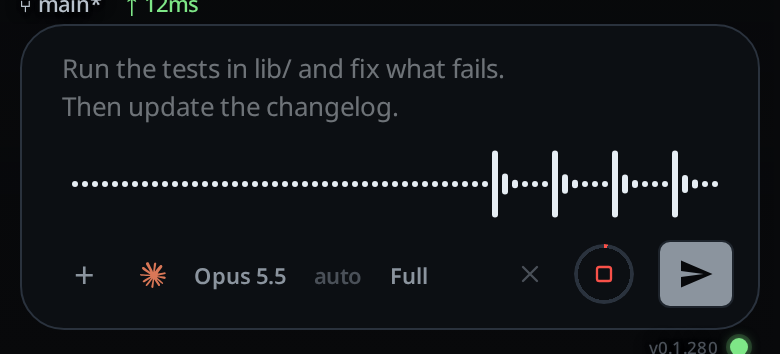 Recording into a box with two lines of text: the text dimmed above, the strip of bars under it.