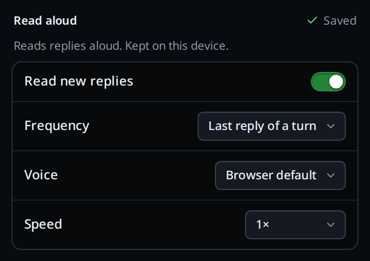 The Read aloud group in the cog with Read new replies switched on, the Frequency, Voice and Speed menus under it.